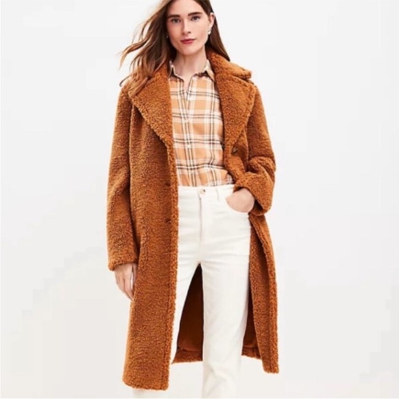LOFT Camel Teddy Sherpa Trench Coat Size Medium - Picture 2 of 13